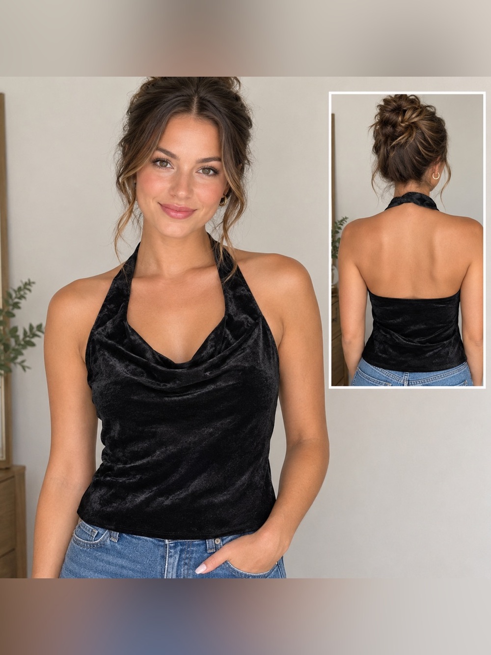 Express Black Velvet Halter Top Cowl Neck New